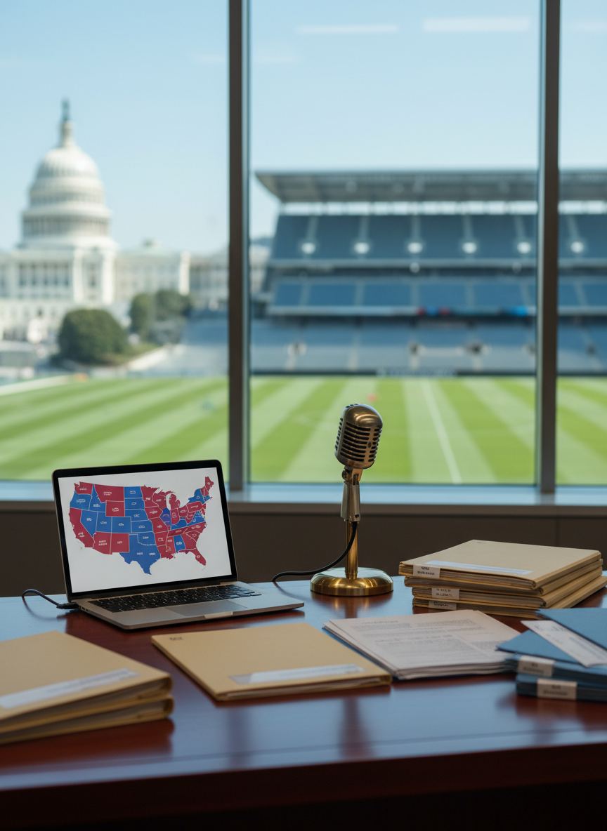 A polished mahogany newsroom desk covered with neatly stacked briefing folders, a slim silver laptop displaying a color-coded electoral map of the United States, and a vintage brass microphone angled toward the center. Behind, a large glass wall reveals a blurred view of the U.S. Capitol dome and a modern soccer stadium side by side in the distance, captured in photographic realism. Cool, diffused daylight filters through high windows, creating soft reflections on the desk surface and subtle shadows along the papers’ edges. Shot at eye level with a shallow depth of field, the composition places the desk in sharp focus, suggesting serious, independent coverage of politics and international soccer in a clean, professional newsroom atmosphere.