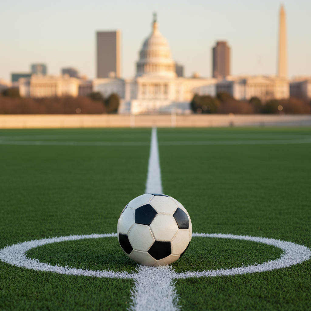 A close-up of a regulation soccer ball resting precisely on the center circle of a pristine green pitch, with finely painted white lines leading toward a blurred skyline of Washington, DC, where recognizable domes and angular federal buildings rise in the distance. Late afternoon natural light casts a warm, low glow across the grass, emphasizing each blade’s texture and the ball’s slightly worn panels. The mood is anticipatory and analytical, captured in photographic realism from a low-angle perspective, with the ball in crisp focus and the city softly out of focus. The composition uses the rule of thirds to balance sport and governance, symbolizing the site’s independent coverage of politics and soccer.